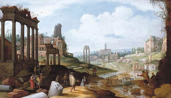 Vue du forum romain, Willem van Nieulandt, 1601-1604. Agrandissement : Campo Vaccino, Rome, Adriaen de Bie, 1643.