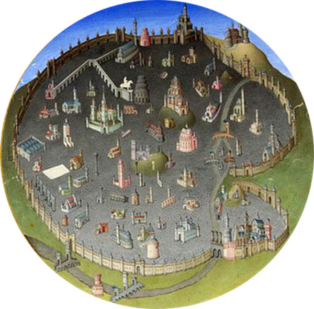 Plan médiéval de Rome centré sur le Capitole. Vue à vol d'oiseau, avec le nord en bas et le sud en haut, Très Riches Heures du duc de Berry, XVe siècle. Agrandissement : Ruines romaines, le Forum avec le Colisée et l'Obélisque, Hubert Robert, vers 1765 Paris, Paris, Petit-Palais.