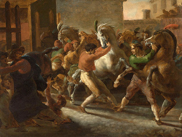 Théodore Géricault, Course de chevaux libres à Rome, 1817, Palais des Beaux-Arts de Lille. Agrandissement : Carle Vernet, Courses de chevaux barbes à Rome. Scène du carnaval, XIXe siècle, Avignon, Institut Calvet.