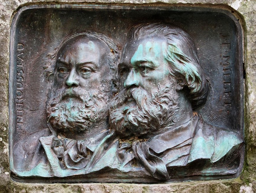 Bustes de Théodore Rousseau et Jean-François Millet dans un rocher de Barbizon (Henri Chapu, 1884)