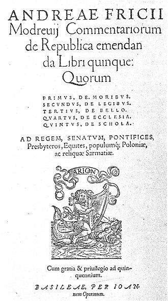 Sur la réparation de la République (O naprawie Rzeczypospolitej), Andrzej Frycz Modrzewski, Bazylea,1554