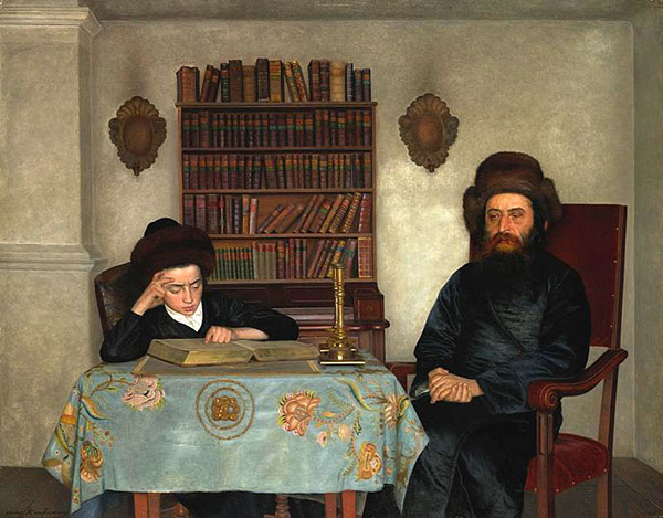Isidor Kaufmann, Rabbin avec un jeune élève, vers 1900. Agrandissement : Isaac Snowman, Trois rabbins de Jérusalem, vers 1925.