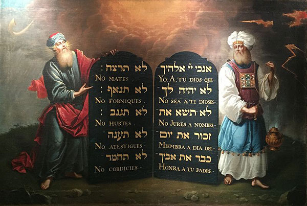 Aron de Chaves, Moïse et Aaron présentant les Dix Commandements, 1674, synagogue espagnole et portugaise de Creechurch Lane (Angleterre).