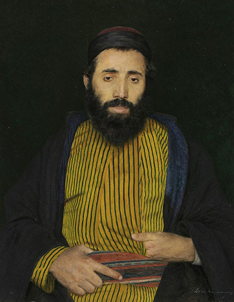 Isidor Kaufmann, Portrait d'un Juif séfarade, vers 1900, New-York, Jewish Museum. Agrandissement : Ashkenazes résidant à l'American colony à Jérusalem, entre 1900 et 1920, Washington, Library of Congress.