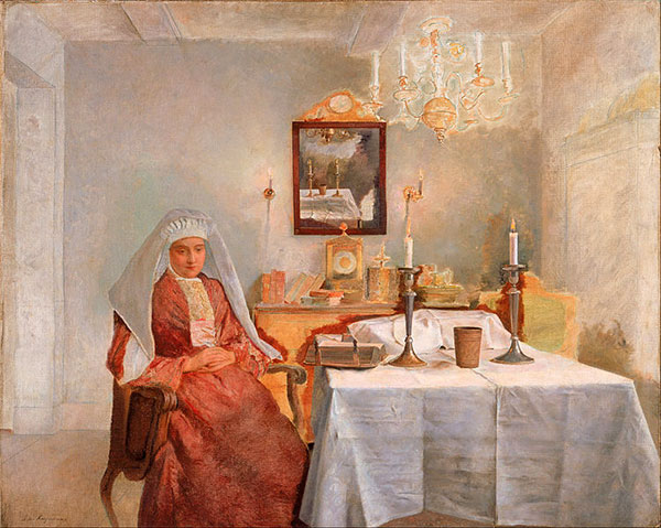 Isidor Kaufmann, Vendredi soir, vers 1920. Agrandissement : Table typique du shabbat : une coupe de kiddoush (cérémonie de sanctification d?un jour saint), un napperon recouvrant des hallots (pains rituels) et deux bougies.