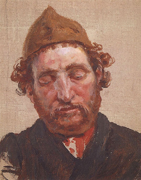 Vasily Polenov, Tête d'homme aux cheveux roux portant une kippa jaune, vers 1888. Agrandissement : Isidor Kaufmann, Portrait d'un rabbin portant un kittel (tunique de cérémonie) et un talith (châle rituel), vers 1910.