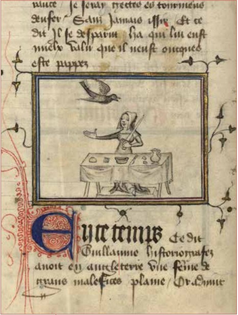 Bernardus Guidonis, Maître du Policratique de Charles V, enlumineur, Sorcière avertie d?un malheur par le cri inhabituel de sa corneille in Fleurs des chroniques (après 1384 Bibliothèque municipale de Besançon 