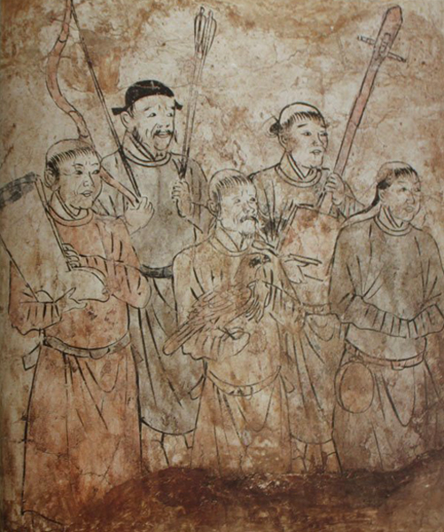 Préparation pour la chasse, Peinture murale d'une tombe à Aohan, Dynastie Liao des Khitans. Agrandissement : Peinture murale d'une tombe de la dynastie Liao à Halahaichang, Taiwan, musée national du palais.