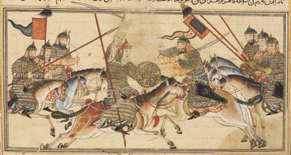 Combat entre Mahmud de Ghazni et Abu 'Ali Simjuri, vers 1318. Agrandissement : le souverain ghaznévide Mahmud assiégeant une forteresse à Gharcistan, Rashīd al-Dīn Faḍlullāh Hamadānī.