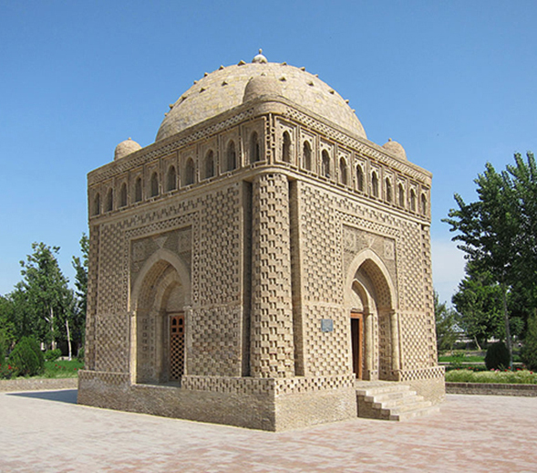 Mausolée des Samanides, ou tombeau d'Ismāʿīl Sāmānī à Boukhara (Ouzbékistan). Agrandissement : statue d'Ismāʿīl Sāmānī à Douchanbé (Tadjikistan).