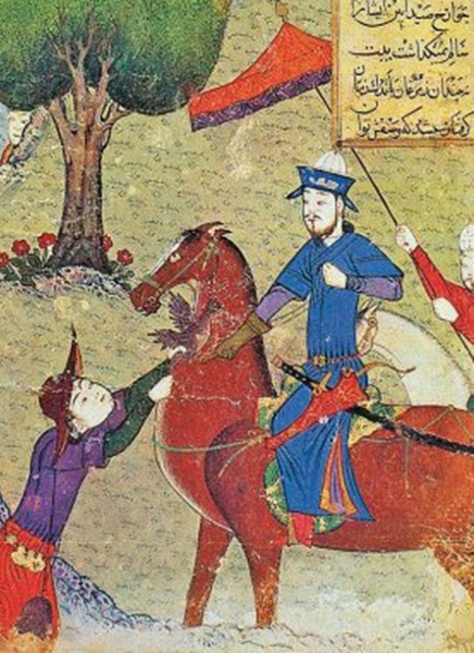 Tuğrul Bey à la chasse, miniature de 'Ali Yazdi's Zafarname. Agrandissement : Tombeau de Tuğrul Bey à Ray au sud de Téhéran (Iran).