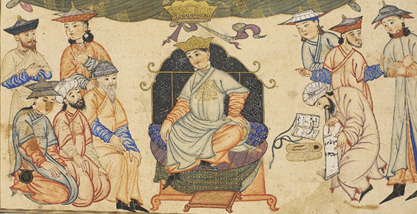 Couronnement de Barkiyaruq, cinquième sultan de l'empire seljoukide, miniature extraite du livre Jami' al-Tawarikh souvent appelé L'histoire universelle ou l'histoire du monde de Rashid al-Din Hamadani, publié à Tabriz en 1307.