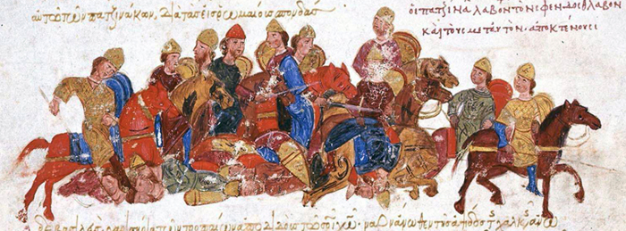  Les Petchénègues poursuivent l'armée de Sviatoslav, Chronique de Skylitzès, XIIe siècle. Agrandissement : Bachkirs au bazar de Troitsk. Photo prise par Mikhail Antonovich Krukovsky.