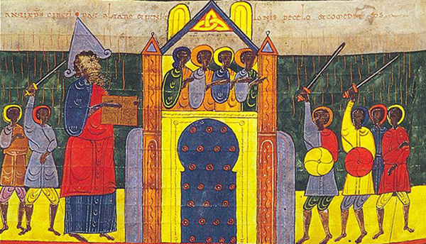 Détail du Beatus de Facundus, manuscrit du XIe s., Gog et Magog entourent le prophète, Madrid, bibliothèque nationale d'Espagne. Agrandissement : L?enfermement des peuples de Gog et Magog, Jean Wauquelin, Les faits et conquêtes d'Alexandre le Grand Flandre, XVe s., Paris, BnF.