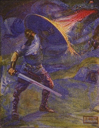 J. R. Skelton, « Beowulf combattant le dragon », illustration pour le livre pour enfants Histoires de Beowulf de H. E. Marshall, 1908. En agrandissement : Vue du site de Sutton Hoo. Source : Google Earth.