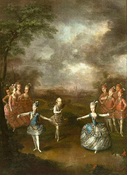 Georg Weikert, Représentation à Schönbrunn par les archiducs Ferdinand et Maximilien d'Autriche et l'archiduchesse Marie-Antoinette du ballet-pantomine Le Triomphe de l'amour, 24 janvier 1765, Petit Trianon, Château de Versailles. Agrandissement : Adolf Ulrik Wertmüller, La reine Marie-Antoinetteet deux de ses enfants dans le parc de Trianon, Suède, musée national des Beaux-Arts.