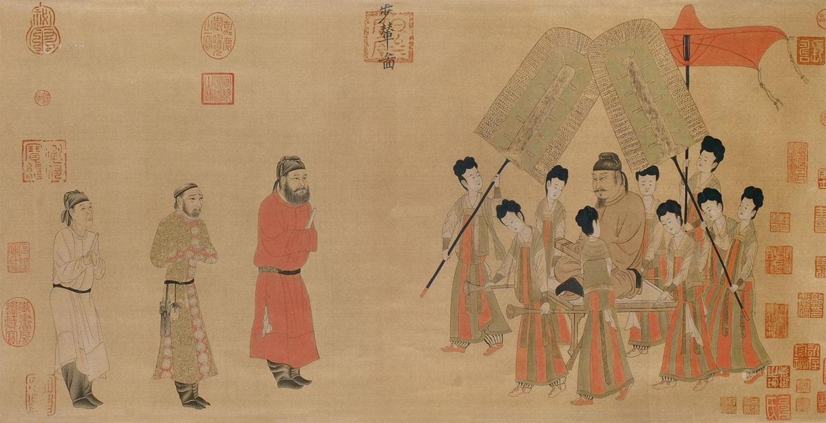 L'empereur Tang Taizong (598-649) reçoit l'émissaire tibétain (rouleau de 129x38,5cm attribué au peintre Yan Liben (600-673), musée du Palais de Pékin)