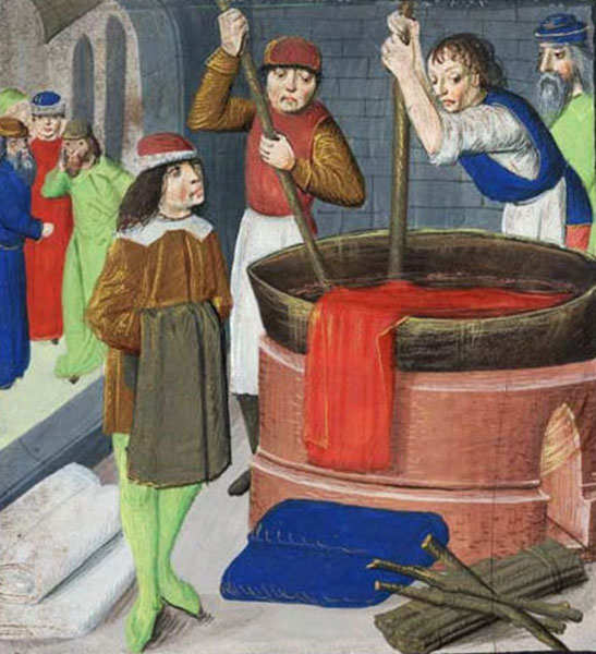 Maître d'Édouard IV, Teinture d'un tissu de laine, extrait de Des Proprietez des Choses de Bartholomaeus Anglicus, 1482, Londres, British Library. Agrandissement : Ferdinand Gueldry, Scène de triage de la laine à Roubaix, 1913.