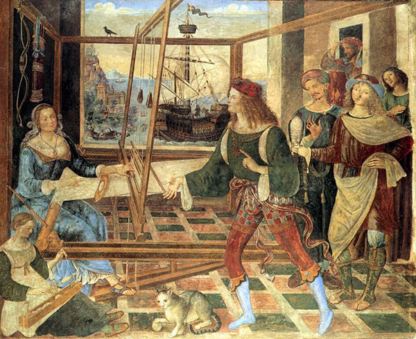 Pinturicchio, Le retour d'Ulysse, 1508-1509, Londres, National Gallery. Agrandissement : Vincent van Gogh, Tisserand, 1884, musée des Beaux-Arts de Boston.