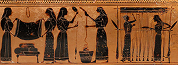 Peintre d'Amasis, Déroulé d'un lécithe (vase à huile) à figures noires, 550?530 av. J.-C., Washington, The Metropolitan Museum of Art. Préparation de la laine (peser), tissage des tissus sur un sur un métier à tisser vertical à pesons, à une barre de lisses et filage.