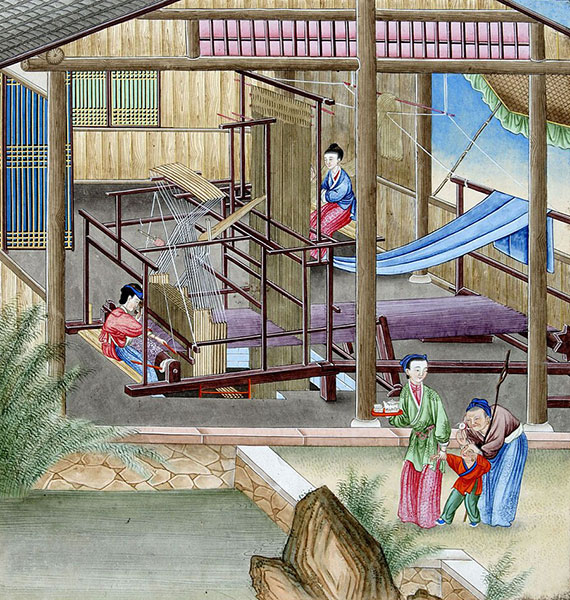 Femmes travaillant la soie sur un métier à tisser, Amsterdam, Nationaal Museum van Wereldculturen. Agrandissement : Femme japonaise, en costume traditionnel, tissant, époque Meiji ; oeuvre d'art textile de la collection Khalili. 