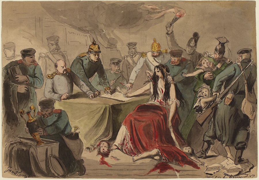 Le traité de Francfort dépouille la France de 5 milliards et de deux provinces (gouache de L. Belloguet, 1871)