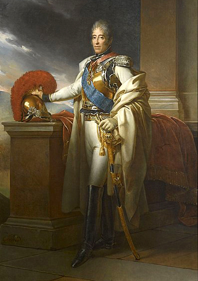Charles X en uniforme de colonel g&eacute;n&eacute;ral des Carabiniers, Fran&ccedil;ois G&eacute;rard, vers 1815, Ch&acirc;teau de Versailles. Agrandissement : Les gueusards. Ils me laissent tout sur le dos, avec &ccedil;a qu'il n'y a plus de Bornes. Estampe satirique sur les ordonnances du roi Charles X et sa chute lors des Trois Glorieuses en juillet 1830, Levilly, Paris, BnF, Gallica.