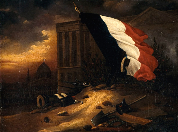 Tombe provisoire des victimes des journ&eacute;es de juillet 1830, devant la colonnade du Louvre, Alexandre Barouillet, Paris, mus&eacute;e Carnavalet. Agrandissement : La Colonne de Juillet &agrave; Paris (d&eacute;tail), place de la Bastille.