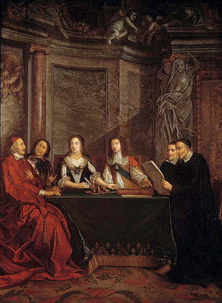 Le conseil de conscience : Saint Vincent de Paul, chef du conseil de conscience, lisant devant le cardinal Jules Mazarin, Pierre Séguier, la reine Anne d'Autriche et Louis XIV en 1650, Jean-François de Troy, XVIIIe siècle.