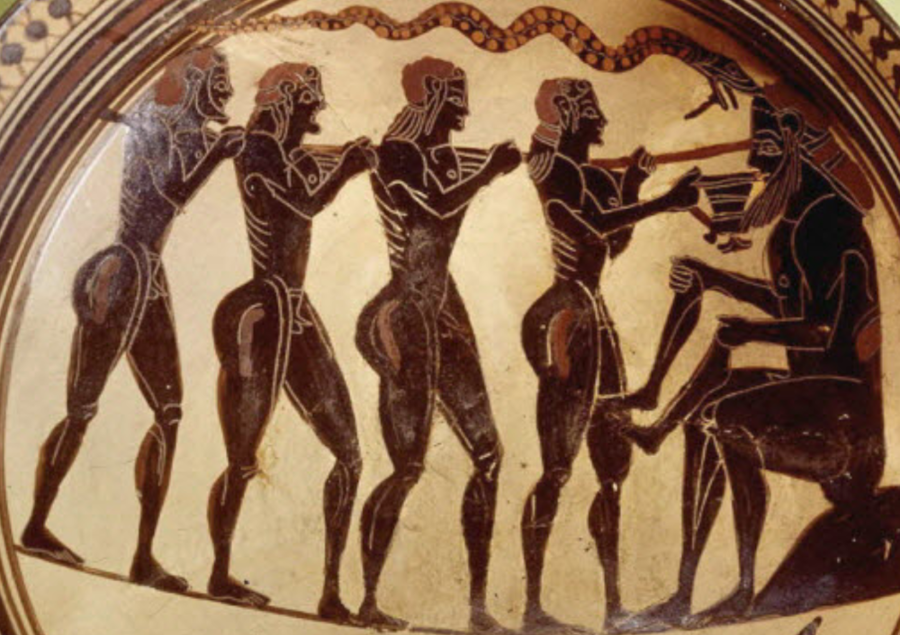 Peintre du Cavalier, Coupe laconienne à figures noires, intérieur : Ulysse perçant l'oeil de Polyphème, 550 av. J.-C., Paris, BnF.