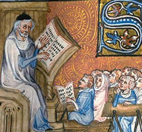 Scène d?enseignement ornant le début du Colliget florum medicinae de Pierre de Saint-Flour, manuscrit du XIVe s., Paris, bibliothèque de la Sorbonne. En agrandissement, un chanoine enseigne, manuscrit du XVe s., Paris, bibliothèque Mazarine.