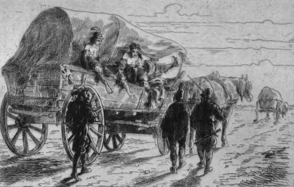 Chariot de vivandières et prostituées accompagnant l'armée, illustration de La Légende d?Ulenspiegel, roman de Charles De Coster, 1869.
