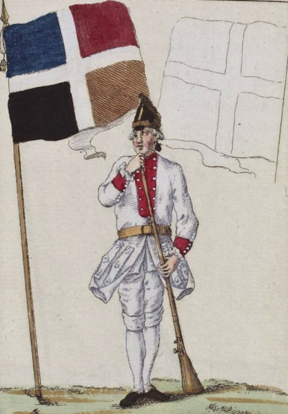 Uniforme et drapeau du régiment de Bourbon en 1772, Paris, BnF, Gallica.