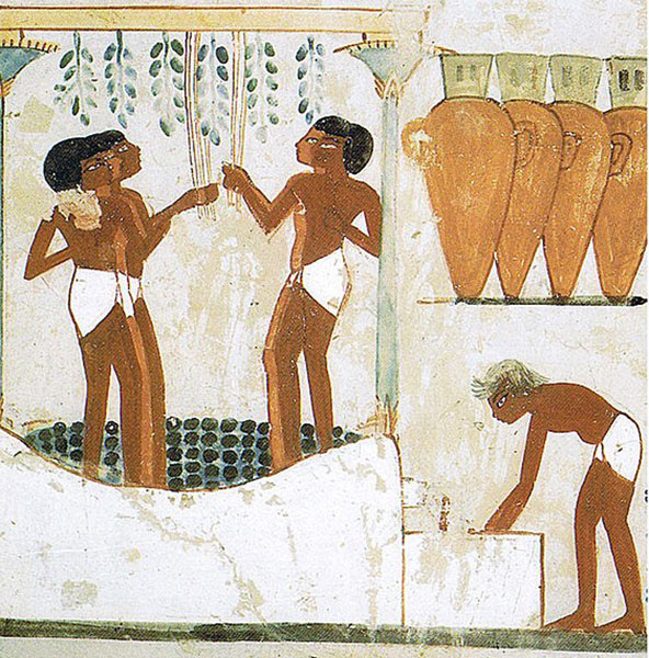 Foulage du raisin dans une cuve monolithique, fresque de la tombe de Nakht, 15ème siècle avant J.-C.