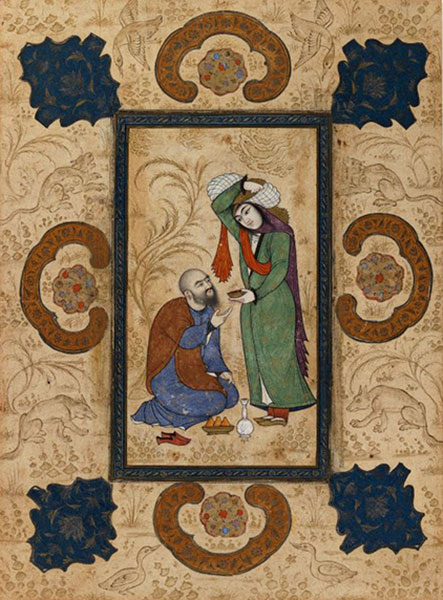 Jeune femme offrant du vin à un sage, dynastie des Séfévides (Iran), vers 1650, New York, Brooklyn Museum.