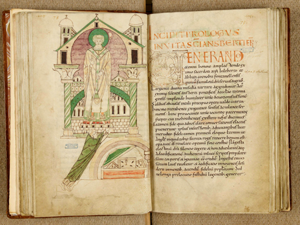 Chronique de Fontenelle, 1075, France, Normandie, abbaye Saint-Wandrille de Fontenelle. Parchemin enlumin&eacute;, manuscrit en latin - Biblioth&egrave;que municipale Armand-Salacrou, Le Havre, France. Cote ms.332 folio 41v ? 42r. (&copy; Ville du Havre)