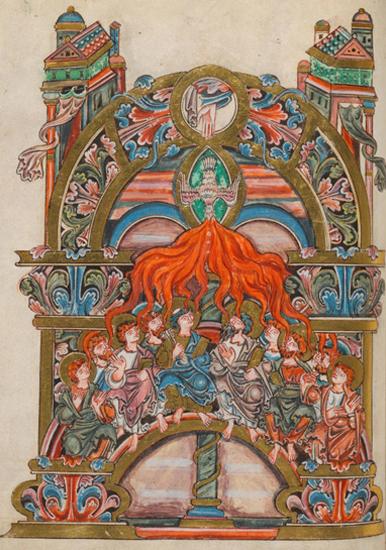 Benedictionarium anglo-saxonicum ou Pontifical de Winchester (dit &laquo; B&eacute;n&eacute;dictionnaire de Robert &raquo;). La Pentec&ocirc;te. Entre 966 et 984. Cote : Ms Y 7 f&deg; 029v. (&copy; Biblioth&egrave;que municipale de Rouen - Ms Y 7, f&deg;29v). Agrandissement : Crosse. Paris, mus&eacute;e du Louvre. (Photo &copy; RMN-Grand Palais (mus&eacute;e du Louvre) / St&eacute;phane Mar&eacute;challe).