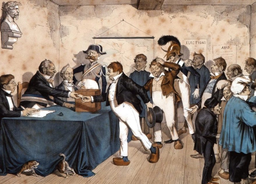 Un bureau de vote sous le Second Empire (lithographie de G. Gostiaux, mus&eacute;e d'Avranches)