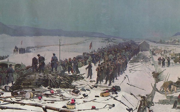 Armée de Bourbaki déposant les armes à son passage en Suisse, panorama de Bourbaki par le peintre Edouard Castres, vers 1881, musée de Lucerne, Suisse. 