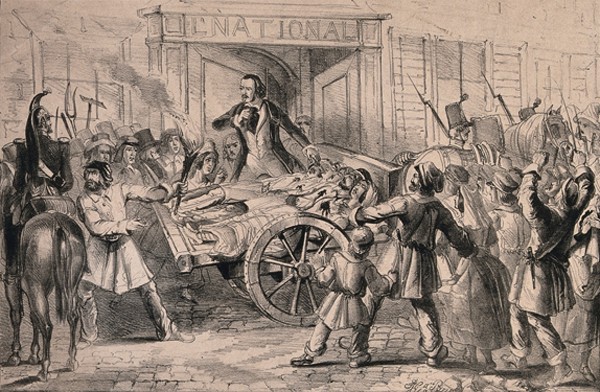 Une charrette chargée de blessés passe devant le journal National, lithographie, anonyme, 1848.