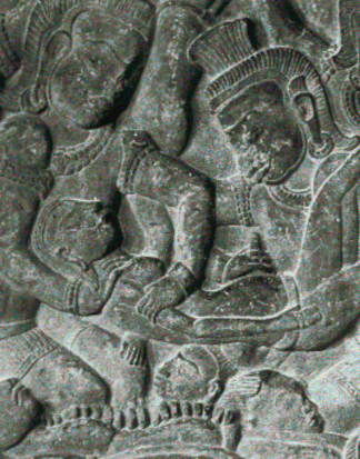Bas-relief du temple d'Angkor Wat suggérant un avortement par massage, XIIe siècle.
