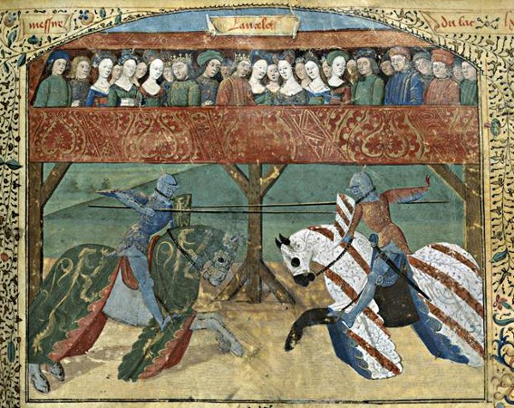 Combat de Lancelot, extrait du manuscrit en 4 volumes réalisé au XVe s. pour le bibliophile Jacques D?Armagnac, duc de Nemours.