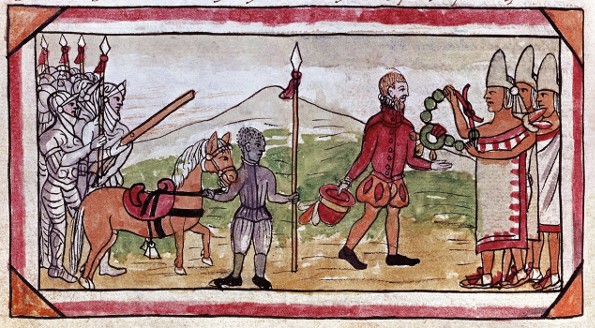 « Rencontre de Cortes et Moctezuma » dans Diego Duran, Histoire des Indiens, 1579, bibliothèque nationale, Madrid.