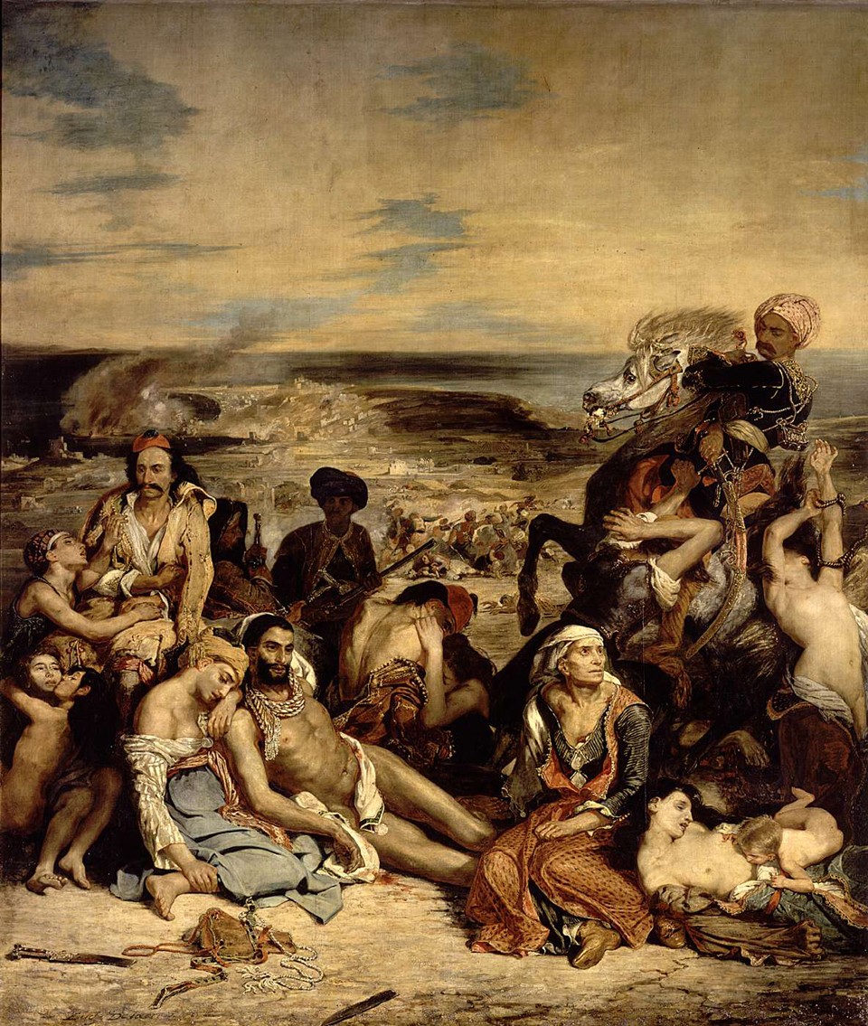 Eugène Delacroix, Scène des massacres de Scio, 1824 (avant enlèvement des vernis jaunis), Paris, musée du Louvre