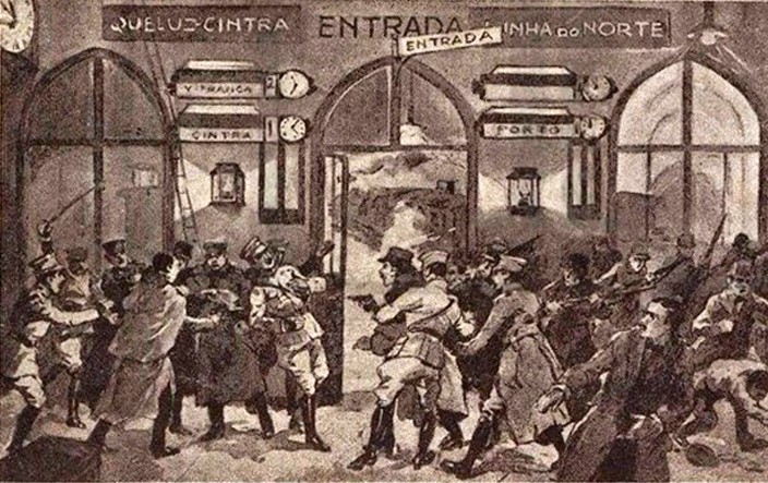Carte postale illustrant le meurtre du président portugais Sidónio Pais à la gare de Lisboa-Rossio, le 14 décembre 1918.