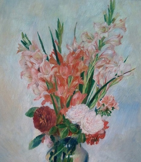 &laquo; Glaieuls &raquo;, vers 1885, Pierre-Auguste Renoir, mus&eacute;e d?Orsay, Paris. Signature en bas &agrave; gauche : &laquo; au docteur Latty, souvenir d'amiti&eacute;, Renoir &raquo;.