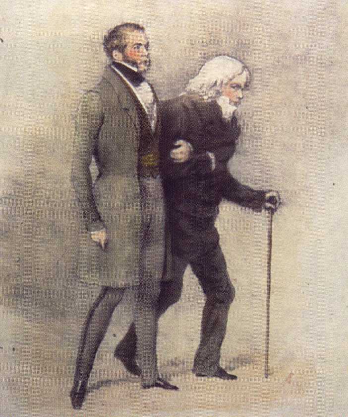 The lame leading the blind (« Le boiteux guidant l?aveugle »), Talleyrand au bras de  Palmerston, ministre anglais des Affaires étrangères, caricature anglaise de John Doyle, 1832.