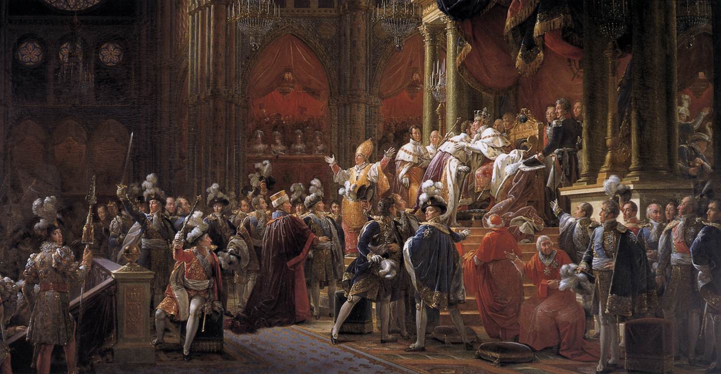 Le sacre de Charles X, François Gérard, 1827, musée des beaux-arts de Chartres. Talleyrand est au premier plan, au centre, avec un chapeau à plumes.