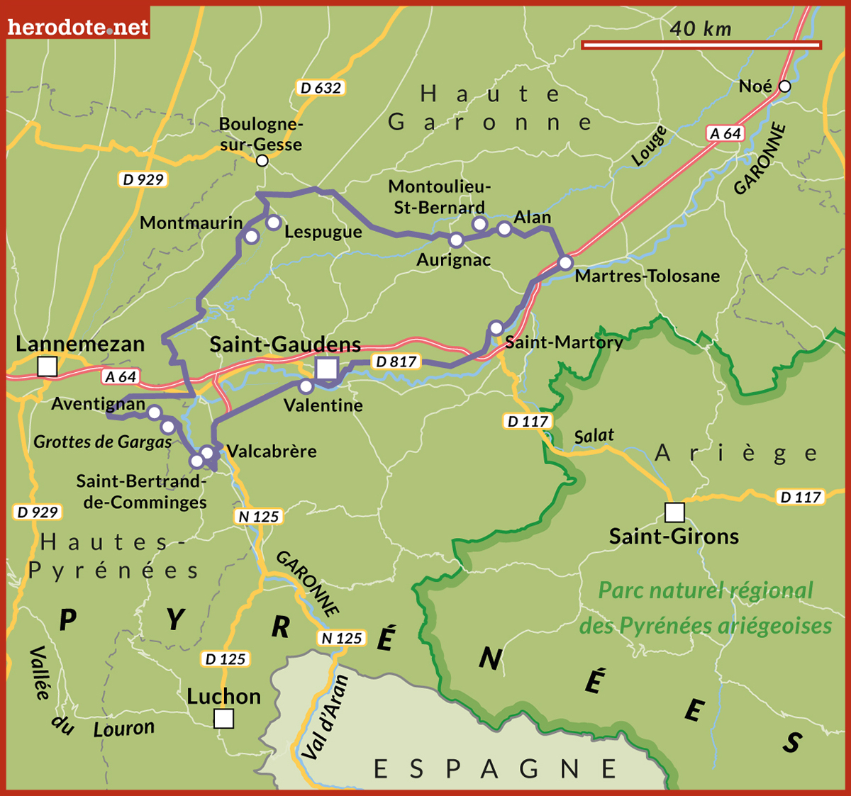 Balade en Comminges, vieux comté pyrénéen (carte de Paul Coulbois pour Herodote.net, 2022)