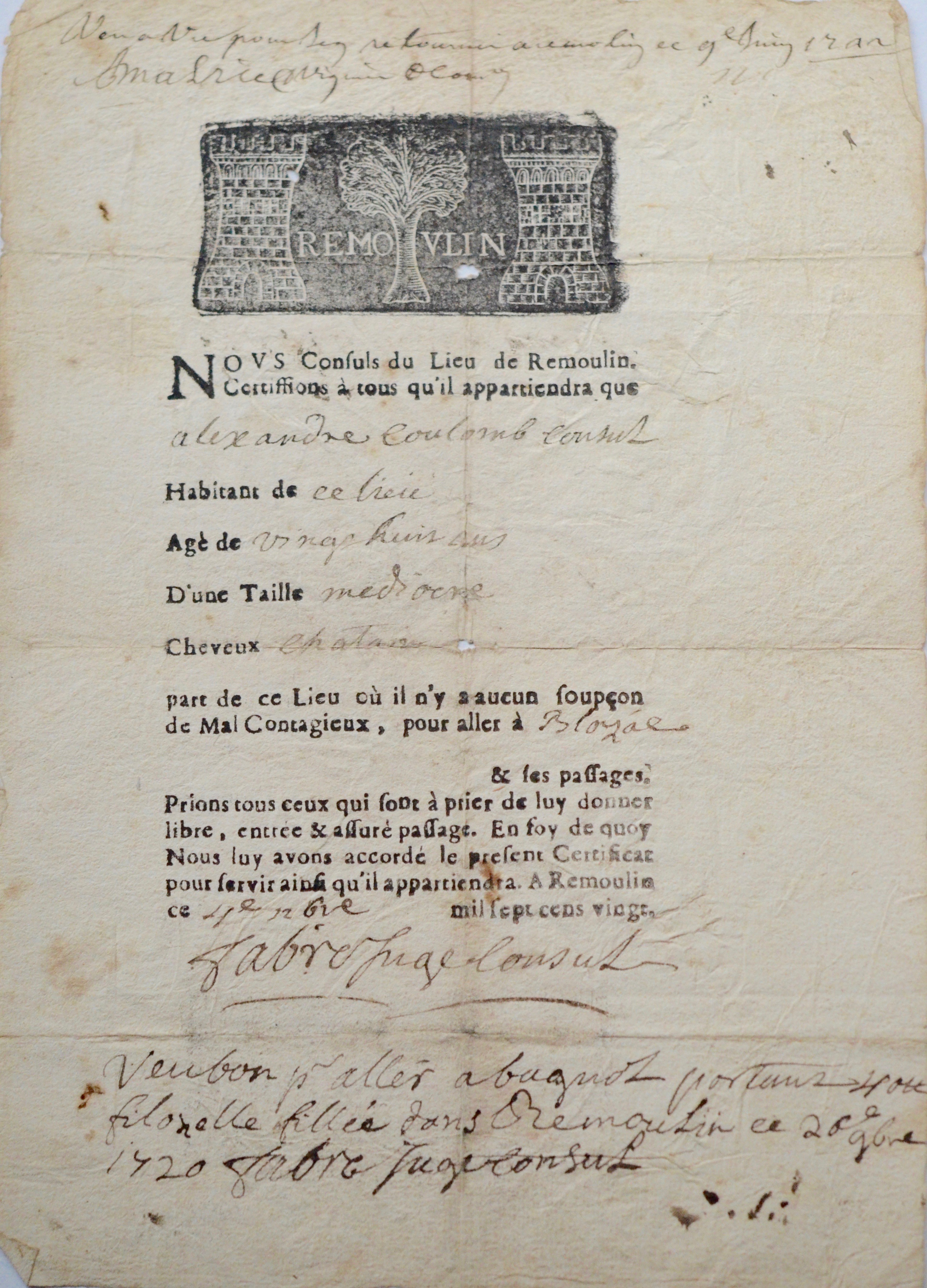 Certificat de déplacement daté du 4 novembre 1720, lors du confinement du au retour de la peste à Marseille.